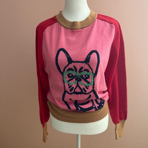 OXKnit Sweaters - French Bulldog Graphic Sweater | Colorblock Pink & Red | Cute Statement Knit Top